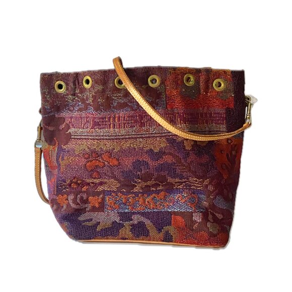 unbranded Handbags - Tapestry Bucket Crossbody Bag Multi Color w Leather Base & Adjustable Strap